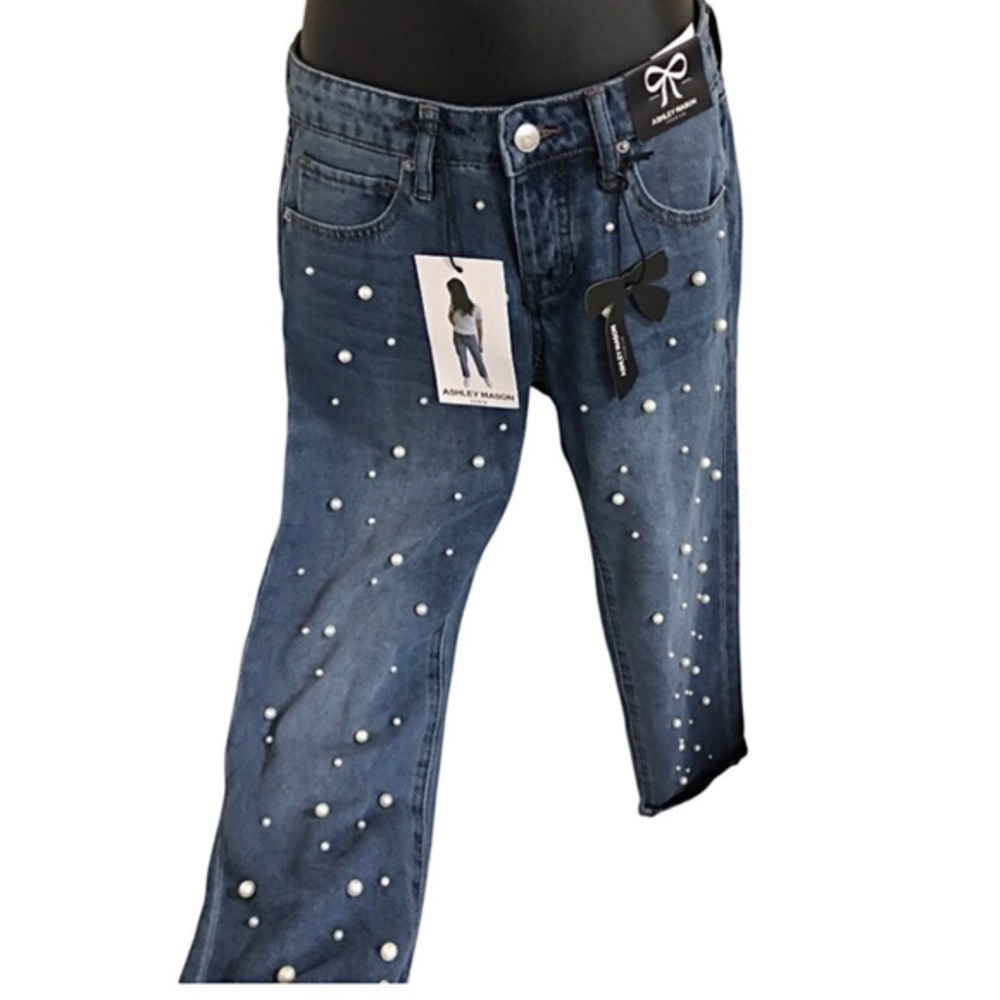 Ashley Mason pearl studded embellished blue jeans size 00/23 brand new